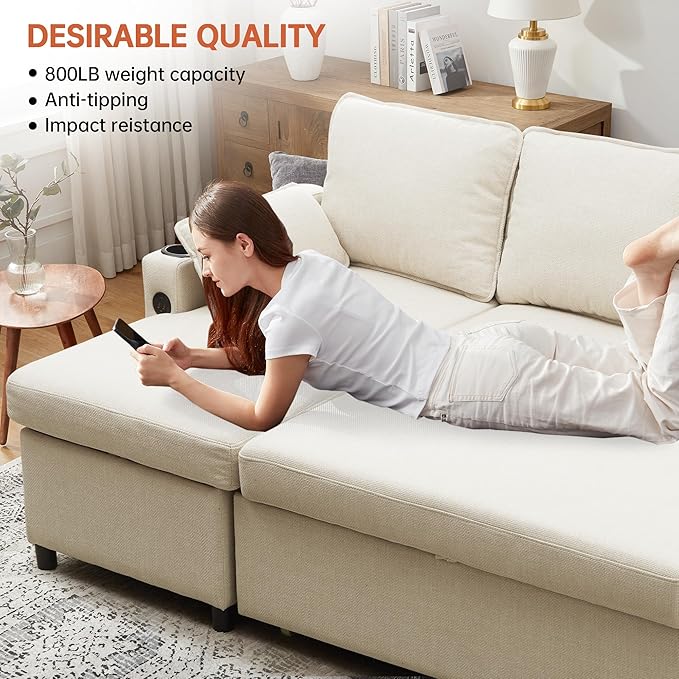 DURASPACE Sofa Bed, Sleeper Sofa Couch with Pullout Bed for Living Room, L Shaped Couch with Storage Chaise, USB, Cup Holder (Beige)