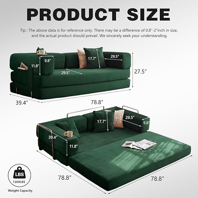 78.8" Convertible Sofa Bed -Compression Sofa with Corduroy Fabric - with Armrests and Backrest - Modular Sectional for Living Room, Bedroom, Studio - Compression Sofa in Box (Dark Green)