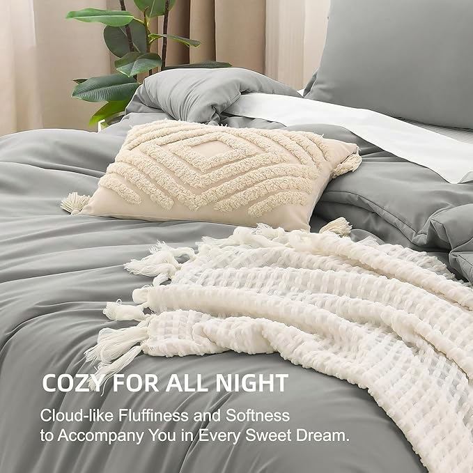 Litanika Comforter Set, Lightweight Solid Bedding Comforter Set, Fluffy Down Alternative Bed Set, Midium Grey, Super King