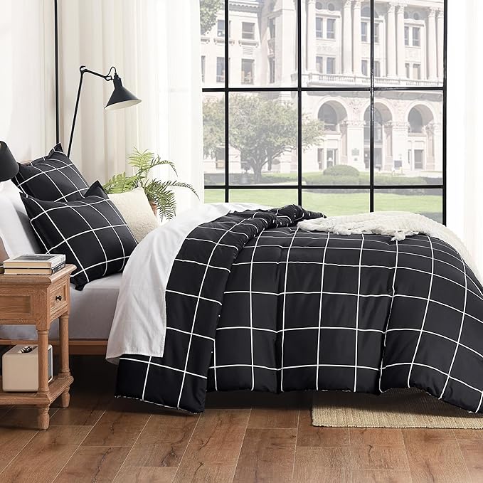 Andency Black Grid Comforter Set Twin(66x90Inch), 2 Pieces (1 Plaid Comforter and 1 Pillowcase) Black Plaid Comforter Set, Lightweight Microfiber Gingham Geometric Comforter Bedding Set