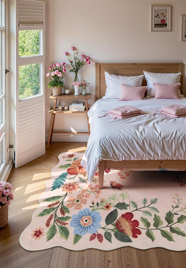 Lahome Floral Living Room Rugs, Pink Area Rugs 5x7 Rug for Bedroom Ultra-Thin Soft Non-Slip Washable Rugs Stain Resistant Throw Boho Carpet for ‎‎Nursery Playroom Classroom, Light Pink