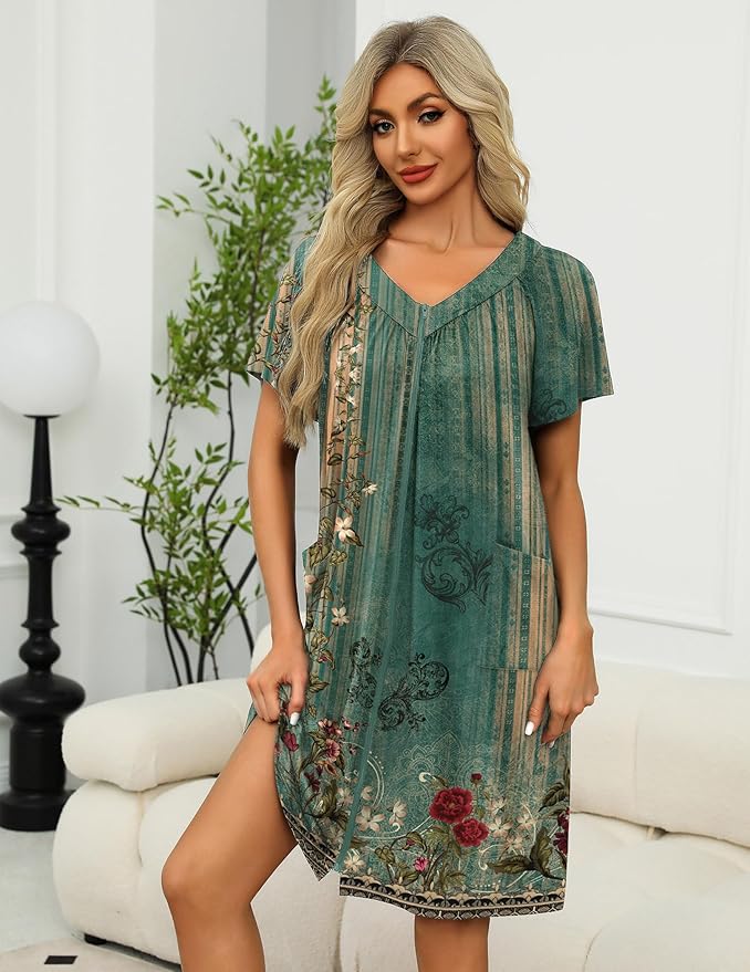 Ekouaer Women Robe Zipper Front Mumu Duster Robes Zip Up Housecoat Soft Sleepwear with Pockets