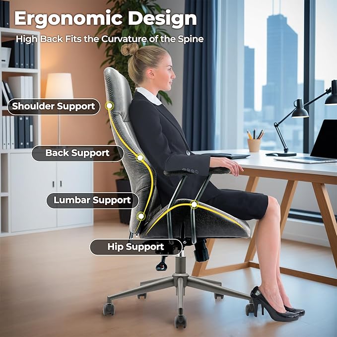 ovios Ergonomic Office Chair, High Back Faux Leather Executive Chairs with Armrests, Comfy High-Century Modern Swivel Rolling Computer Armchair (Dark Grey, Suede Leather)