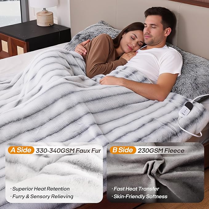 ZonLi 2-in-1 Weighted Heated Blanket for Back Pain, Heated Weighted Blankets Queen Size, 6 Heating Levels 1-10H Auto Off, Soft Ribbed Rabbit Fur Washable, Chirstmas Blanket for Family