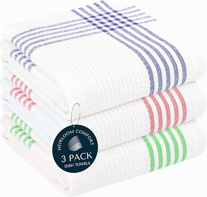 Multicolor Kitchen Towels 3 Pack, 16x26 Inch, Waffle Weave, Quick Dry, Absorbent, Durable Dish Towels for Drying, Cleaning, Cooking, Daily Kitchen Use, Indigo Blue, Red, Dark Green