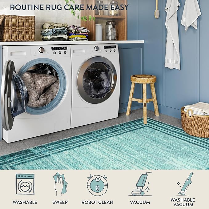 Lahome Abstract Runner Rug,Teal 2.5x8 Runners for Hallways Washable Non-Slip Kitchen Rug Runner,Low-Pile Soft Entryway Runner Rug Minimalist Solid Indoor Carpet Runner for Bedroom Laundry Bathroom