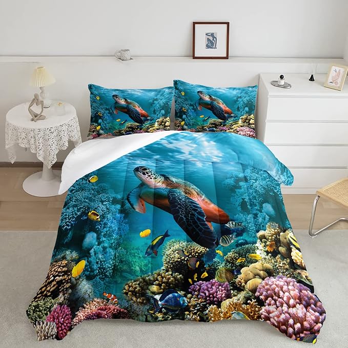 CVHOUSE Sea Turtle Bedding Set,Sea Turtle Comforter Queen,Ocean Beach Comforter Set for Boys Kids Girls,Ocean Quilt Set with 1 Comforter and 2 Pillow Cases