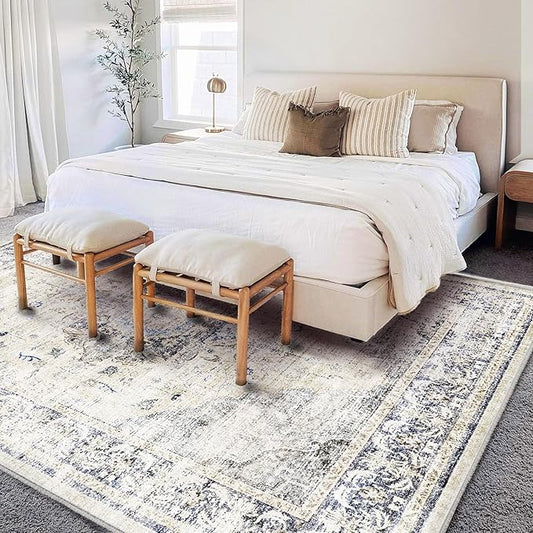 Washable Area Rug 8'x10' Floral Blue Boho Design Non-Shedding Non-Slip Easy Care Ideal for High Traffic Areas in Living Room Bedroom Office Coffee Table Kitchen Large Carpet