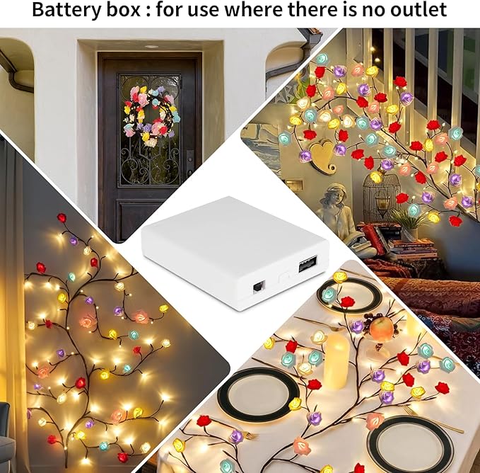 Macaroon Rose Blossom Enchanted Willow Vine Lights, 7.55FT 144LED 6 Color Blossom Tree Branch Lights for Wall, Remote Timer,8 Light Model,Bedroom Wall Doors Wedding, Christmas, USB Battery Box