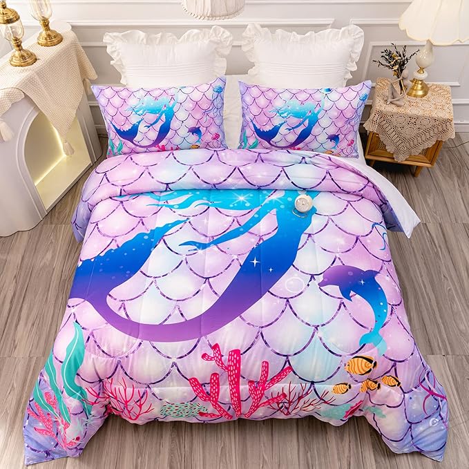 CVHOUSE Mermaid Comforter Set,Rainbow Mermaid Bedding Set for Girls Kids Teens,Rainbow Mermaid Comforter Mermaid Duvet Set Room Decor Quilt Set Twin Size
