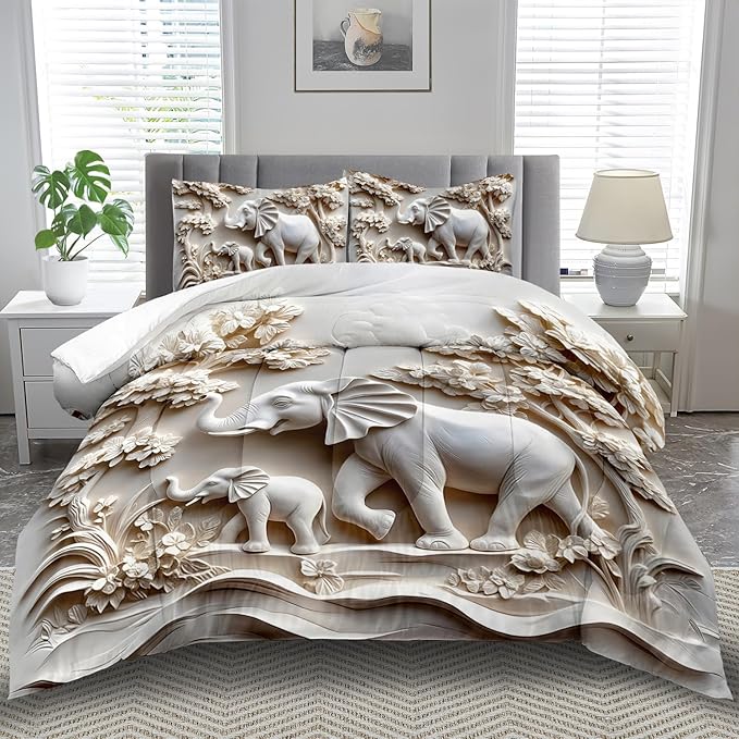 Elephant Comforter Set Full Adult, White Animal Bedding Set Full for Man, Cute Animal Comforter for Kids,Elephant Quilt Pattern White Bedroom Decor Womens, Relief Bedding