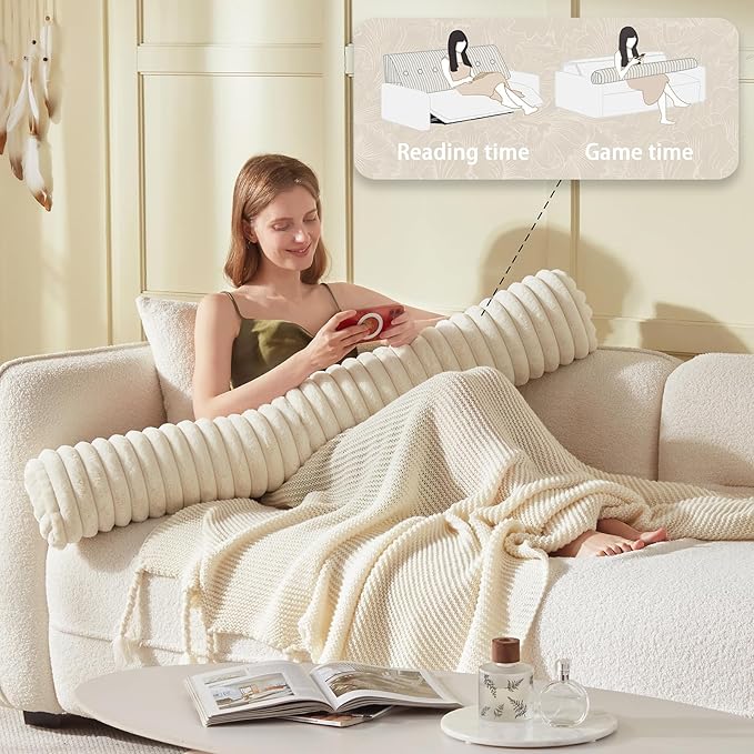 Headboard Pillow + A Long Neck Roll Pillow Body Pillow，Faux Fur Headboard Wedge Pillow with Removable Cover (Beige, Queen：59x8x20 inches)