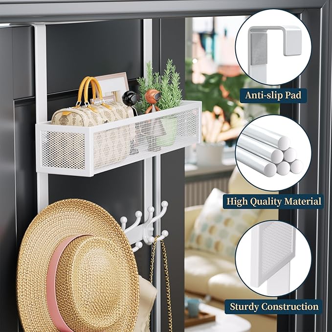 Consumest Over The Door Hooks Organizer - Door Hanger with Mesh Basket & 16 Coat Rack Hooks, Back Storage Organizer for Bedroom, Bathroom, Kitchen, Office, White