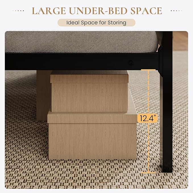 SHA CERLIN King Size Metal Platform Bed Frame, PU Leather Upholstered Button Tufted Headboard, Mattress Foundation with 12.4” Under-Bed Storage, Noise-Free, Easy Assembly, No Box Spring Needed, Black