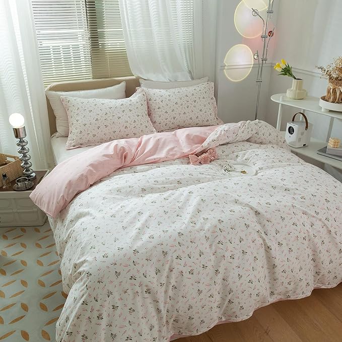 mixinni Cotton Floral Duvet Cover Twin Girl Pink Flower Teenage Girls Duvet Cover Set with Zipper Ties, Easy Care, Ultra Soft and Breathable-Twin Size