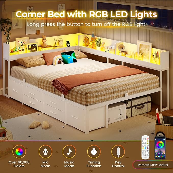 VIAGDO Corner Bed Frame Full with Storage Bookcase and 6 Drawers, Metal Platform Corner Bed Frame with LED Lights and Charging Station, Full Daybed for Kids Teenagers, White