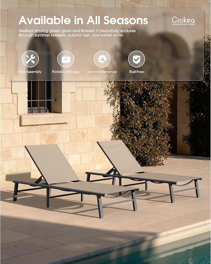 Ciokea Aluminum Outdoor Lounge Chair Set of 2- No Assembly Needed, Foldable Patio Chaise Lounge with 5 Adjustable Positions, Reinforced Frame for Extra Durability, Pool Beach Lounge Chair, Khaki