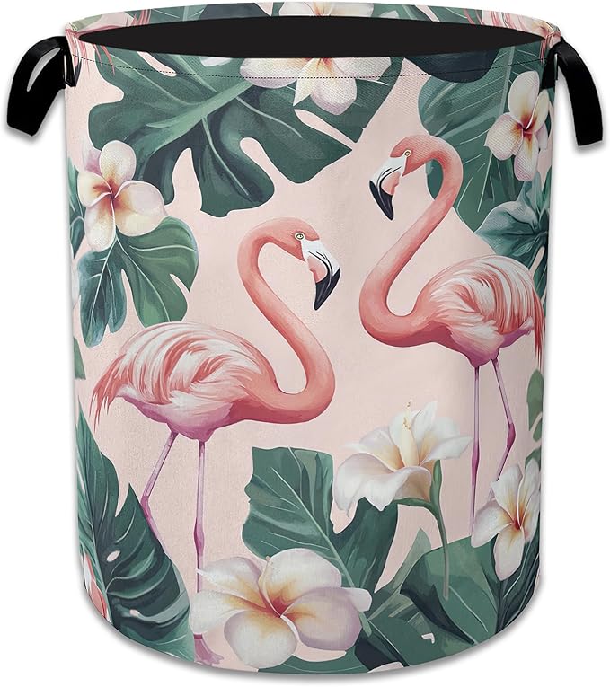 Pink Flamingo Laundry Basket,Foldable Waterproof Oxford Cloth Tote Bag Palm Leaf Laundry Hamper with Handles,20.8"x16" Clothes Storage Bucket Organizer for Laundry Room, Bathroom, Bedroom