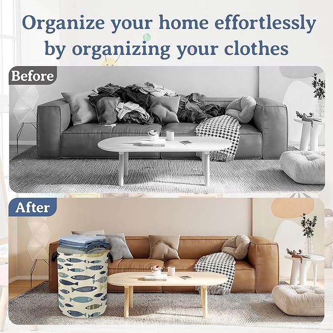 Cute Fish Laundry Basket,Foldable Oxford Cloth Boho Laundry Hamper with Handles, 20.8"x16" Tote Bag Clothes Storage Bucket for Laundry Room/Bathroom/Bedroom/Dormitories