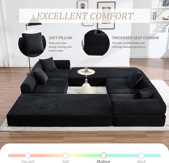 106" Oversized Convertible Sleeper Sofa Bed, Corduroy L Shape Sectional Couch, Folding Sofa Bed with Side Pocket, Modern Cloud Floor Mattress Couch, Modular Sofa for Living Room, Black