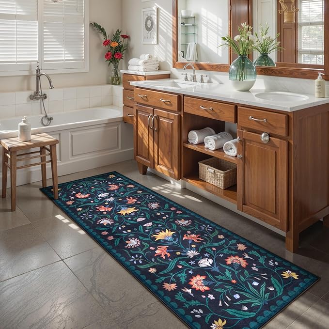 Lahome Boho Floral 2'6"x8' Washable Runners for Hallways, Kitchen Runner Rugs Non Skid Ultra-Thin, Soft Bathroom Rug Throw Carpet Runners for Bedroom Laundry Room (Dark Blue,2'6"x8ft)