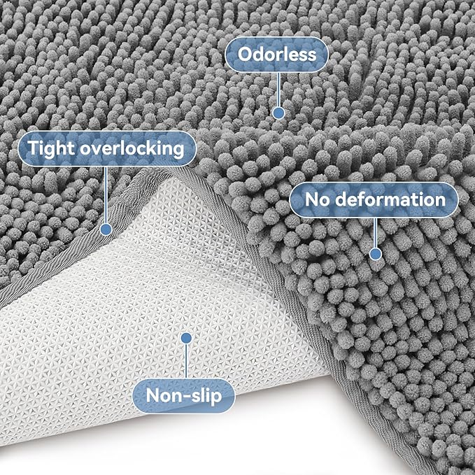 Bcoimo 48"×24" Absorbent Bath Mat, Non-Slip with Backing Chenille Bath Rug and Machine Washable Bathroom Mat Quick-Dry Design. Ideal for Bathroom and Tub Areas