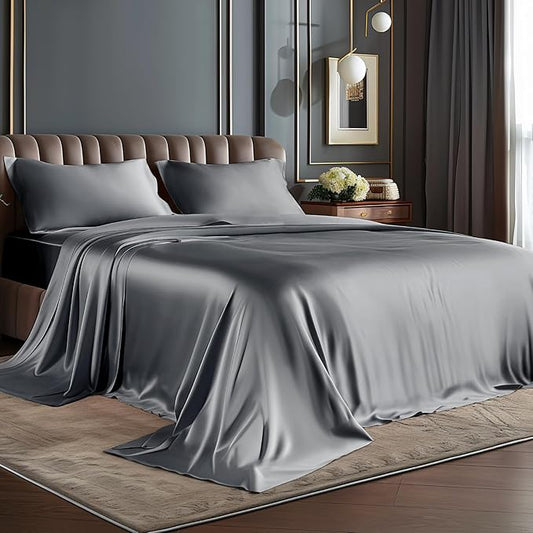 BEDELITE California King Sheets Set, Luxury Soft Dark Grey Satin Sheets for Hair and Skin, Similar to Silk Bed Sheets Set 4 Pieces with 1 Deep Pocket Fitted Sheet, 1 Flat Sheet, and 2 Pillowcases
