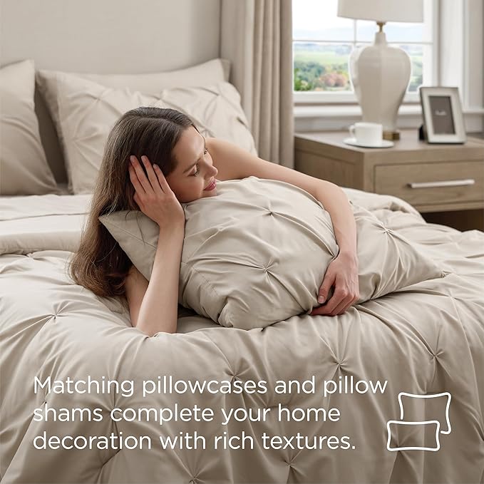 Bedsure California King Comforter Set Beige - Bed in a Bag Cal King Bedding Set 7 Pieces, GentleSoft™ Pintuck Bed Set Gift for Family, Pinch Pleat Beige Comforter with Sheets, Pillowcases & Shams