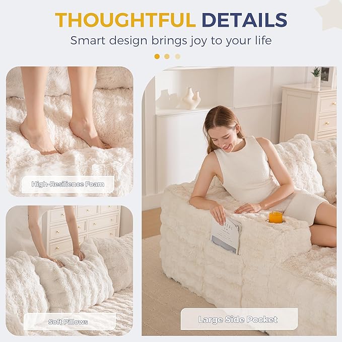 MAXYOYO 104" Modular Sectional Couch with L-Shape Chaise, Modern Boneless Couch for Living Room, Sofa in A Box, Faux Fur Sofa Sleeper with Deep Seat, No Assembly Required, Beige