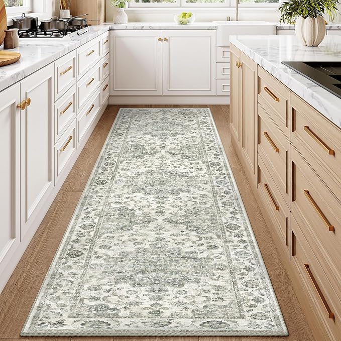 2x8 Washable Neutral Runner Rug Green Vintage Hallway Kitchen Carpet Non-Slip Soft Low Pile Floral Throw Rug for Bedroom Bathroom Laundry Living Room