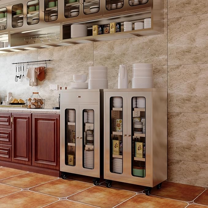 ZZV Stainless Steel Storage Cabinet, Rolling Kitchen Cabinet with Wheels, Heavy Duty Floor Cabinet for Kitchen, Garage, Restaurant, Outdoor, No Assembly Required, D15.75 x W23.62 x H41.74