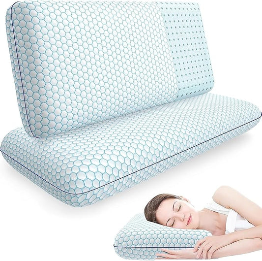 Memory Foam Pillows for Side, Back and Stomach Sleepers, Set of 2, Bed Pillow with Washable Cover and Breathable Mesh, Bed Pillow for Sleeping (Blue，King Size)