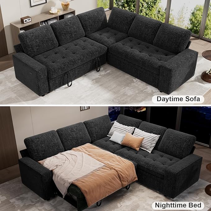 WEUP 5 Seat L Shaped Sectional Sleeper Sofa Bed with Pull Out Bed, Chenille Sectional Sleeper Couch with Adjustable Backrest, USB Ports & Storage Seat, Tool-Free Assembly, Chenille Black