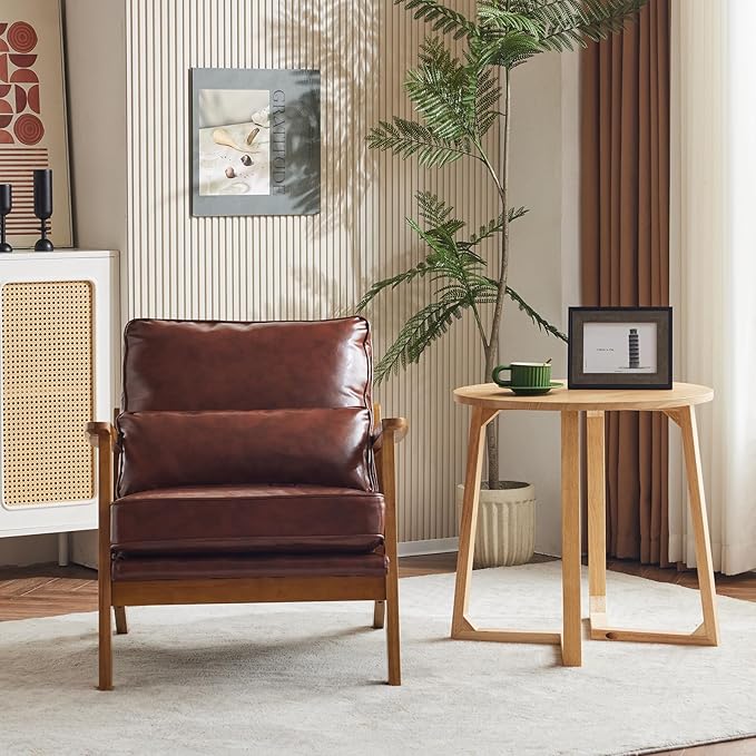 Karl home Accent Chair Wide Armrest Mid-Century Lounge Chair PU Leather Armchair with Lumbar Pillow & Solid Wood Frame for Living Room, Bedroom, Balcony, Red-Brown
