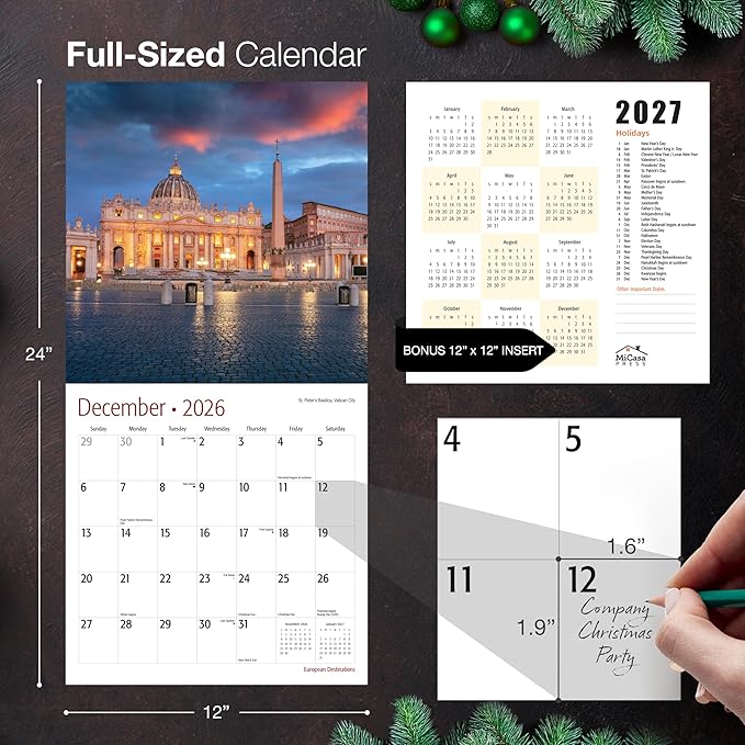 MICASA PRESS European Destinations 2026 Wall Calendar 12 Month | 12" x 24" Open | Thick & Sturdy Paper | Holiday Gift | Travel Europe Calendar 2026