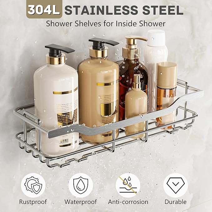 OMAIRA 3-Pack Shower Caddy with Soap Holder, Adhesive Rustproof No-drill Strudy Loading Inside Shower Organizer Shelves Rack Storage Bathroom Organization for Smooth Wall Glass Tile, Silver (X-Large)
