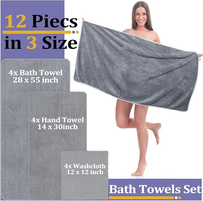 Preboun 12 Pcs Bath Towels and Washcloths 4 Sets Microfiber Bathroom Beach Pool Towel Set Quick Dry Coral Velvet Highly Absorbent for Fitness Sports Shower Travel Spa Hotel(Light Gray)