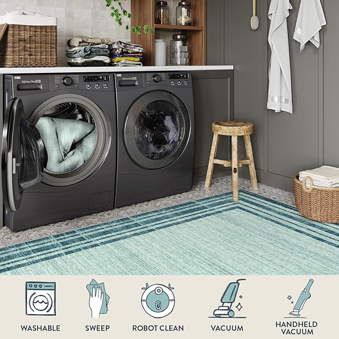 Lahome Abstract 9x12 Area Rug for Living Room, Washable Teal Rugs for Living Room Low-Pile Bedroom Rug, Minimalist Border Stain Resistant Large Room Carpet for Dining Room Kids Playroom