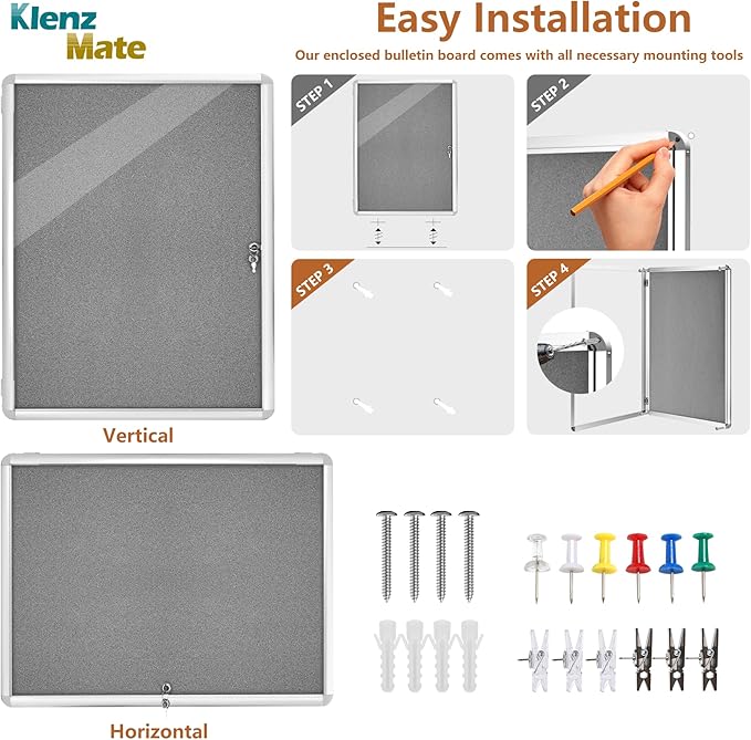 38"x28" Enclosed Bulletin Board Tamper-Proof Dispaly Case,Grey Fabric&Aluminium Frame,Shatter Resistant Lockable Bulletin Board with Clear Acrylic Door for School,Office,Mall,Community,Hospital,Church