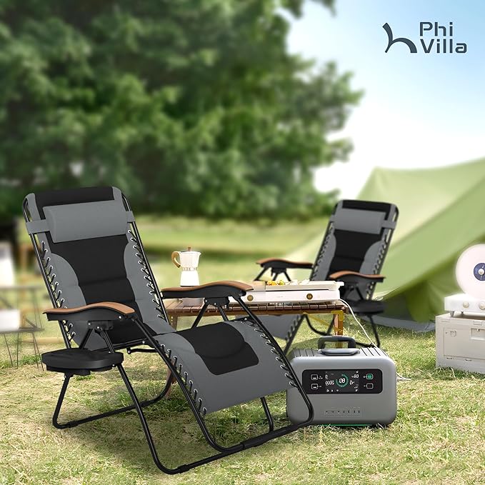PHI VILLA XXL Oversized Padded Zero Gravity Chair Set of 2, Foldable Patio Recliner, 30" Wide Seat Anti Gravity Lounger with Armrest and Cup Holder, Support 400 LBS (Grey)