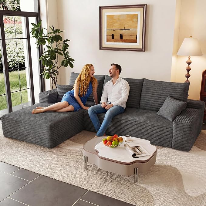 95" Modular Sectional Couch, Boneless L Shaped Cloud Sofa with Chaise Lounge, Corduroy Upholstered Couches Memory Foam Deep Seat, No Assembly Required, Ideal for Living Room(Dark Gray, Left Facing)