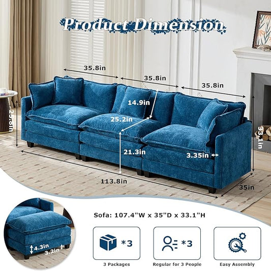 SoarFlash 113.78" Chenille Sectional Sofa, Comfy Modular Loveseat Sofa, Modern 3-Seat Couch Deep Seat Sofa Set for Living Room,Blue