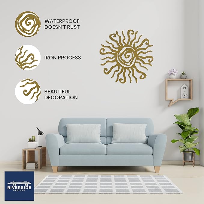 Riverside Designs Wacky Sun Metal Wall Art Indoor/Outdoor Decor - 12" Gold Rust Proof Wall Sculpture - Made in USA - Ideal for Bedroom, Garden, Home, Patio and Farmhouse