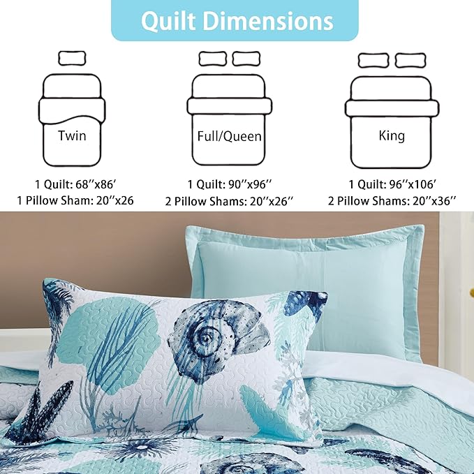 Tritard 3 Piece Coastal Full/Queen Quilt Sets Nautical Reversible Lightweight Bedspread Coverlet with 2 Shams Blue Starfish Conch Beach Microfiber Bedding Quilt Set for All Season, 90''x96''
