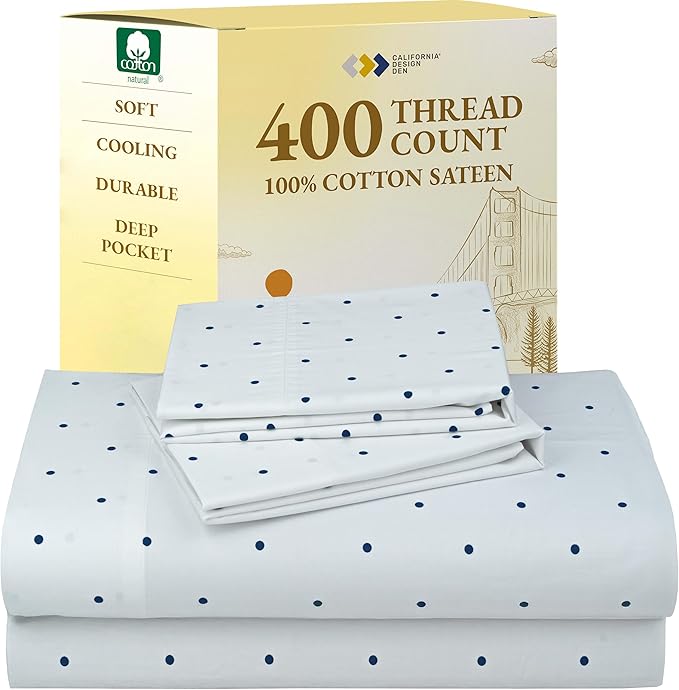 California Design Den California King Sheet Sets - 400 Thread Count Sateen, Natural 100% Cotton Bed Sheets Set, Deep Pocket and Durable Bedding - Polka Dot