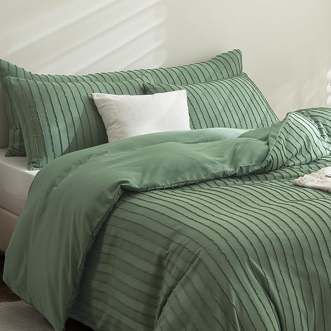 JELLYMONI Duvet Cover Super Queen Size Green - 3PCS Boho Striped Duvet Cover Set Polyester Tufted Bohemian Textured Comforter Cover 98×90in with Corner Ties & Zipper and 2 Pillowcases