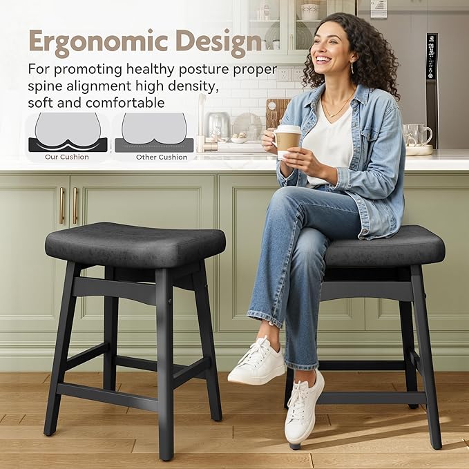 MAISON ARTS Black Counter Height Bar Stool for Kitchen Counter Solid Wood Legs with Faux Leather Saddle Seat Farmhouse Barstool for 34"-38" Counter Island Upholstered Stool, 24in Height, 1pc