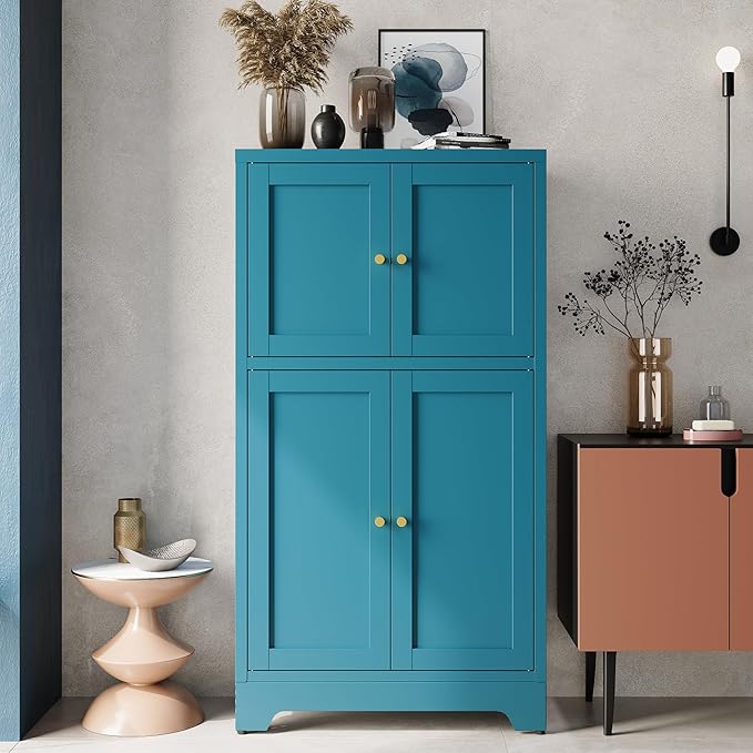 Blue Bathroom Storage Cabinet,Metal Bathroom Cabinet,Navy Blue Storage Cabinets,Bathroom Floor Cabinet with 2 Adjustable Shelves&4 Doors