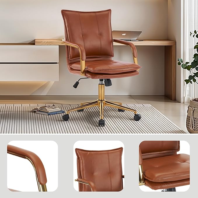 MOJAY Mid-Back Ergonomic Leather Office Chair, Modern Upholstered Executive Desk Chair with Gold Frame Armrest Computer Task Chair (Caramel)