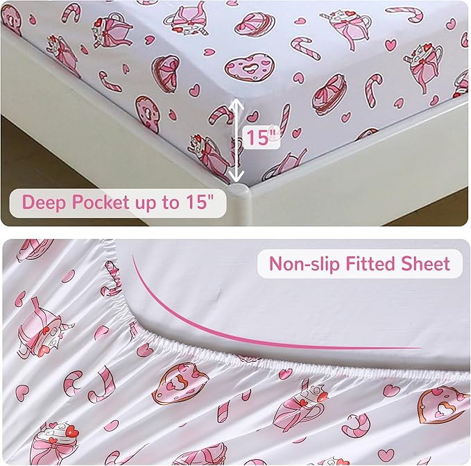 Viviland Kids Twin Bedding Sets for Girls, Soft Twin Comforter Set with Sheets, 5 Pieces Microfiber Bed in a Bag, Pink Dessert Cake